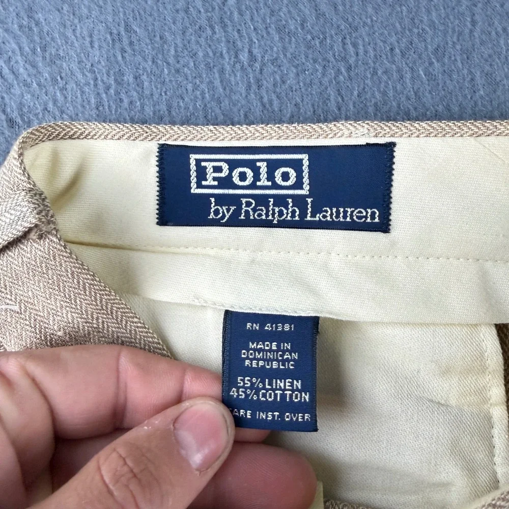Vintage Polo Ralph Lauren Pants Men 38x30 (Fit 36x30) Beige Linen Double Pleated